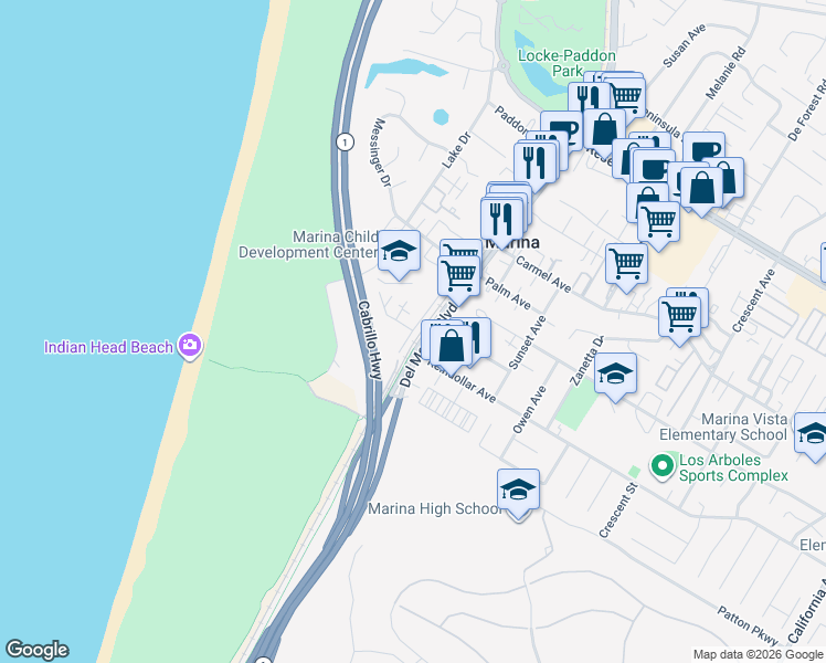 map of restaurants, bars, coffee shops, grocery stores, and more near 3039 Marina Drive in Marina