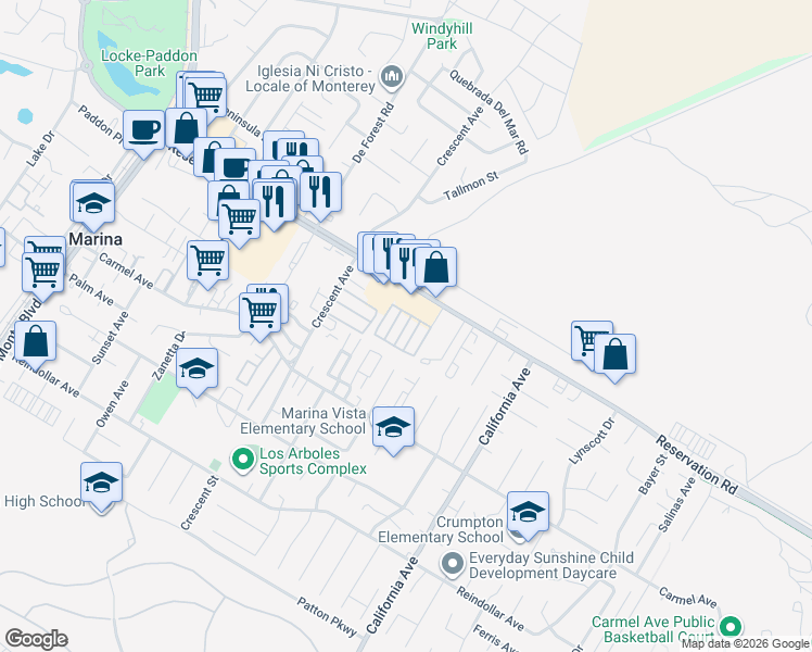 map of restaurants, bars, coffee shops, grocery stores, and more near 366 Reservation Road in Marina