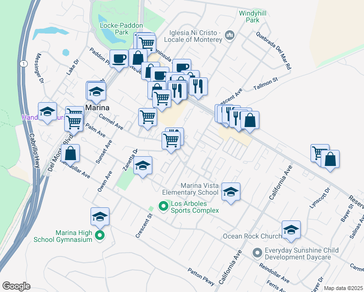 map of restaurants, bars, coffee shops, grocery stores, and more near 299 Carmel Avenue in Marina