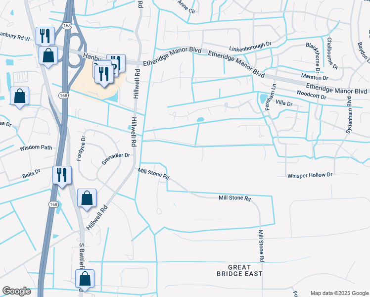 map of restaurants, bars, coffee shops, grocery stores, and more near 421 Forest Road in Chesapeake