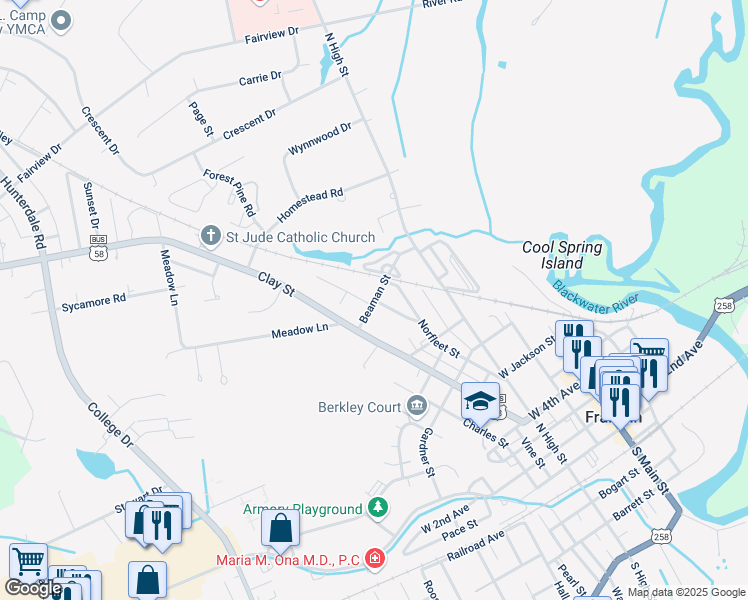 map of restaurants, bars, coffee shops, grocery stores, and more near 308 Beaman Street in Franklin