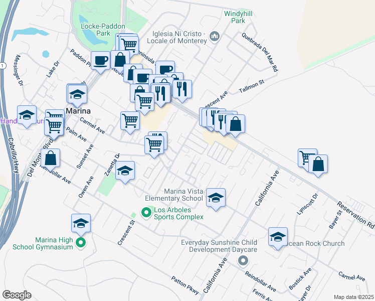 map of restaurants, bars, coffee shops, grocery stores, and more near 3122 Crescent Avenue in Marina