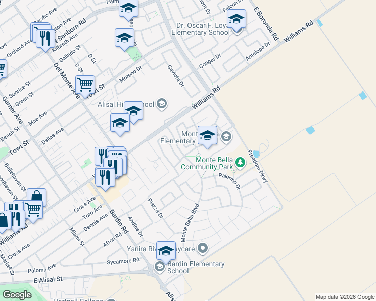 map of restaurants, bars, coffee shops, grocery stores, and more near 1136 Verona Way in Salinas