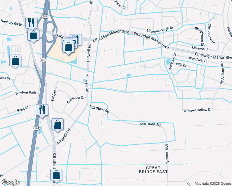 map of restaurants, bars, coffee shops, grocery stores, and more near 421 Forest Road in Chesapeake
