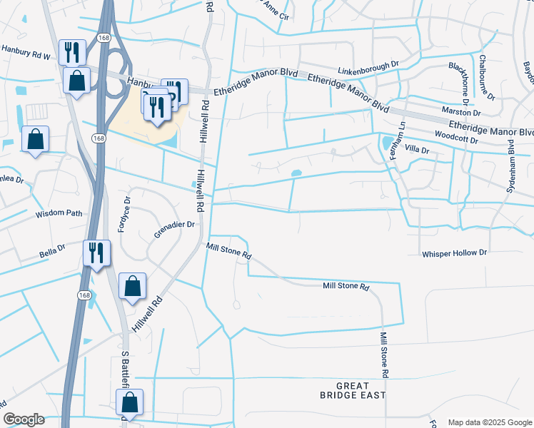 map of restaurants, bars, coffee shops, grocery stores, and more near 421 Forest Road in Chesapeake