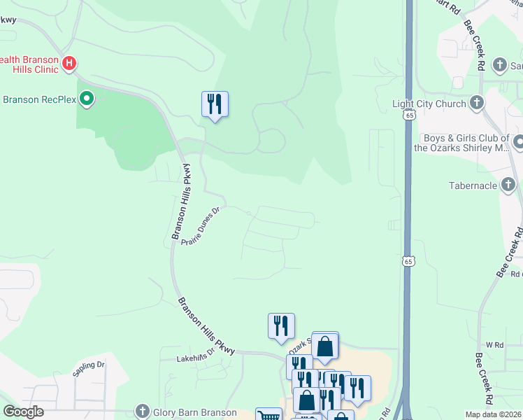 map of restaurants, bars, coffee shops, grocery stores, and more near 138 Siena Boulevard in Branson