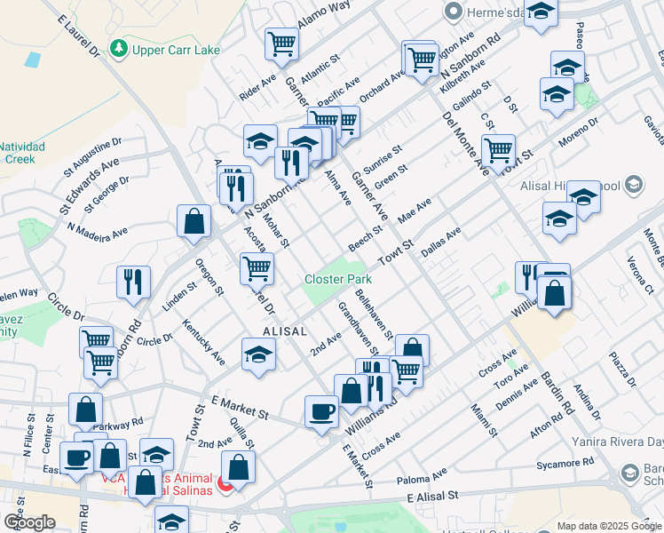 map of restaurants, bars, coffee shops, grocery stores, and more near 401 Towt Street in Salinas