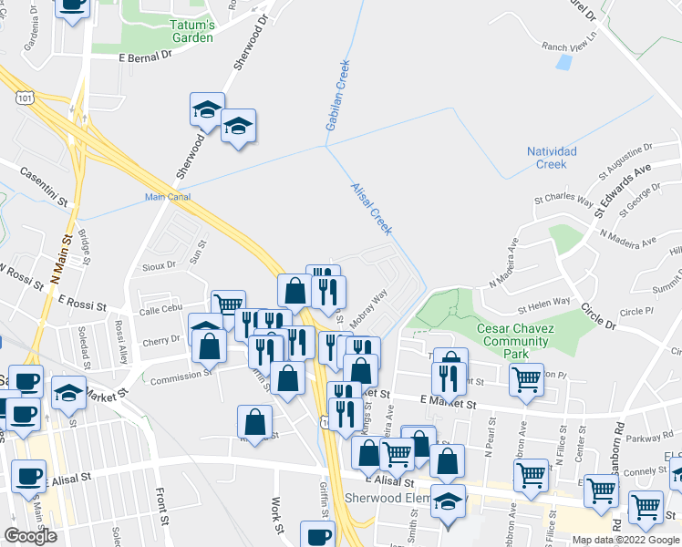 map of restaurants, bars, coffee shops, grocery stores, and more near 190 Kern Street in Salinas