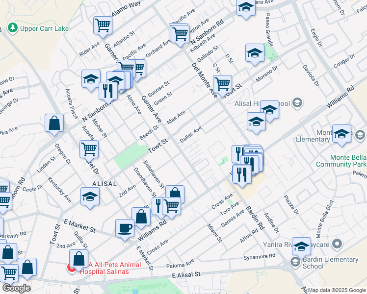 map of restaurants, bars, coffee shops, grocery stores, and more near 507 Dallas Avenue in Salinas