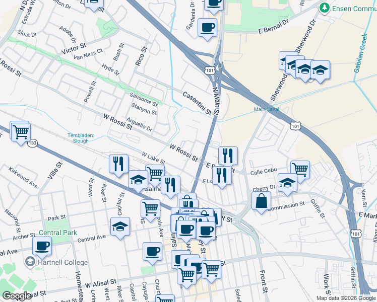 map of restaurants, bars, coffee shops, grocery stores, and more near 20 West Menke Street in Salinas