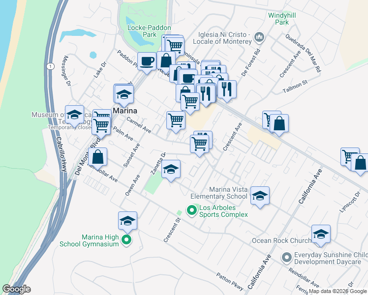 map of restaurants, bars, coffee shops, grocery stores, and more near 273 Carmel Avenue in Marina