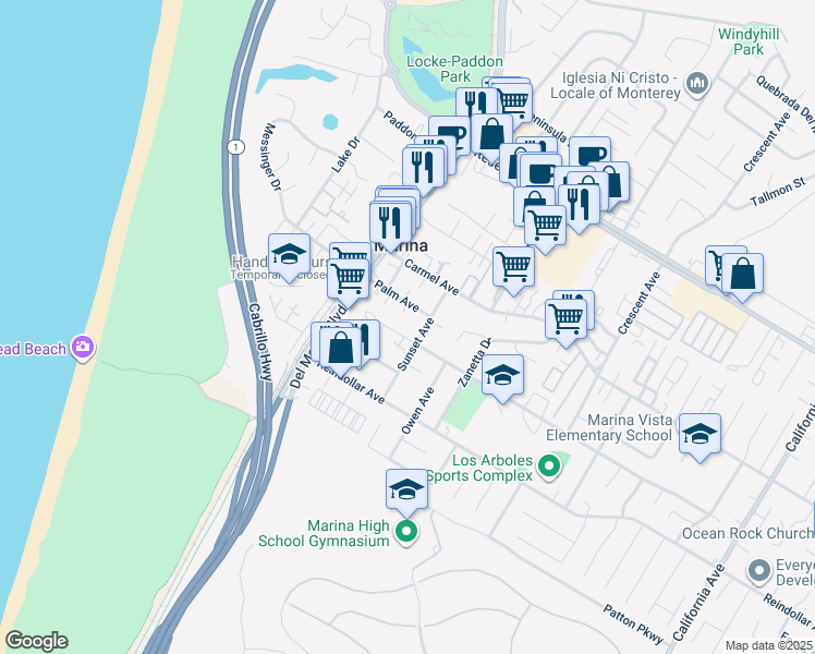 map of restaurants, bars, coffee shops, grocery stores, and more near 223 Palm Avenue in Marina