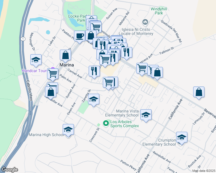 map of restaurants, bars, coffee shops, grocery stores, and more near Carmel Avenue & Zanetta Drive in Marina