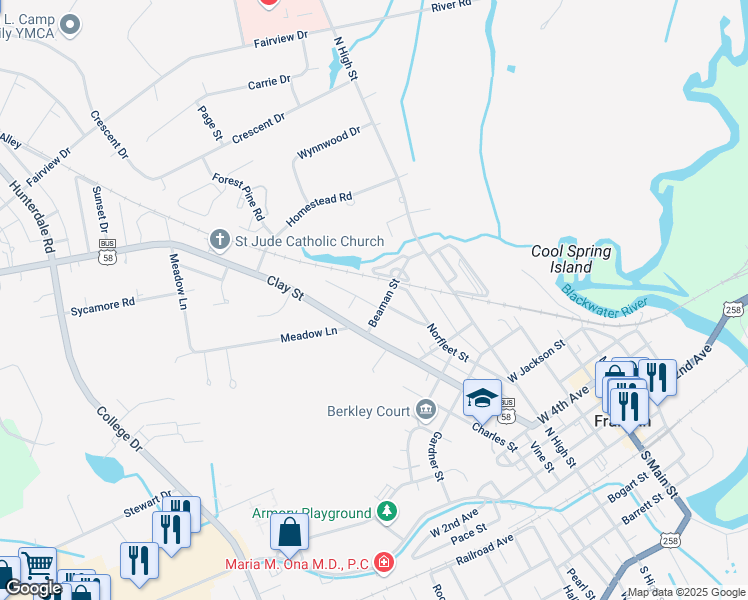 map of restaurants, bars, coffee shops, grocery stores, and more near 308 Beaman Street in Franklin