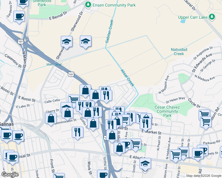 map of restaurants, bars, coffee shops, grocery stores, and more near 190 Kern Street in Salinas