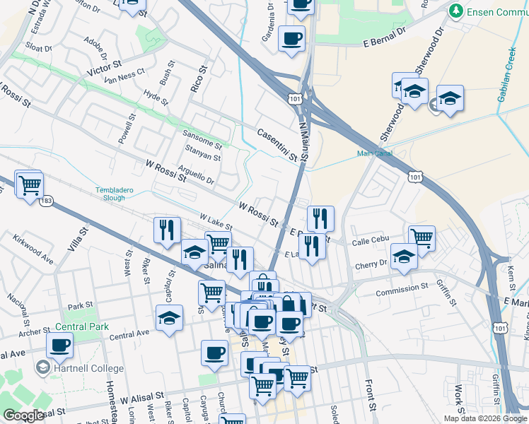 map of restaurants, bars, coffee shops, grocery stores, and more near 12 East Rossi Street in Salinas