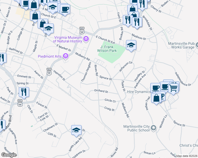 map of restaurants, bars, coffee shops, grocery stores, and more near 219 Rives Road in Martinsville