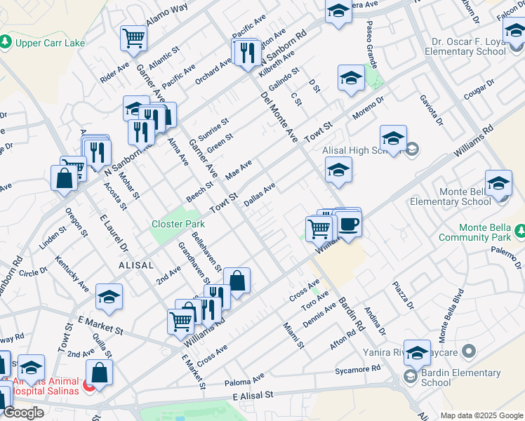 map of restaurants, bars, coffee shops, grocery stores, and more near 1235 Garner Avenue in Salinas