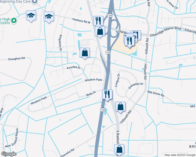 map of restaurants, bars, coffee shops, grocery stores, and more near 108 Wisdom Path in Chesapeake