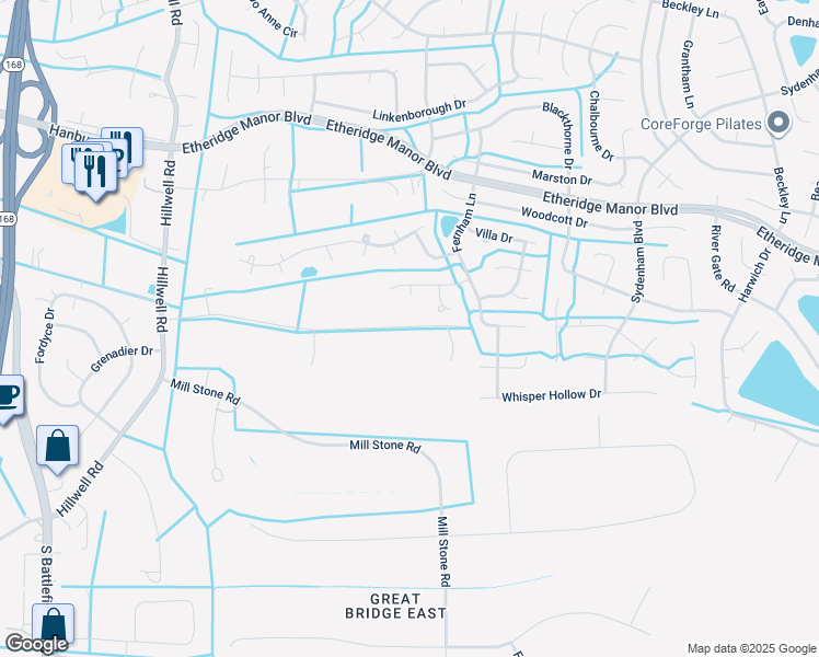 map of restaurants, bars, coffee shops, grocery stores, and more near 561 Forest Road in Chesapeake