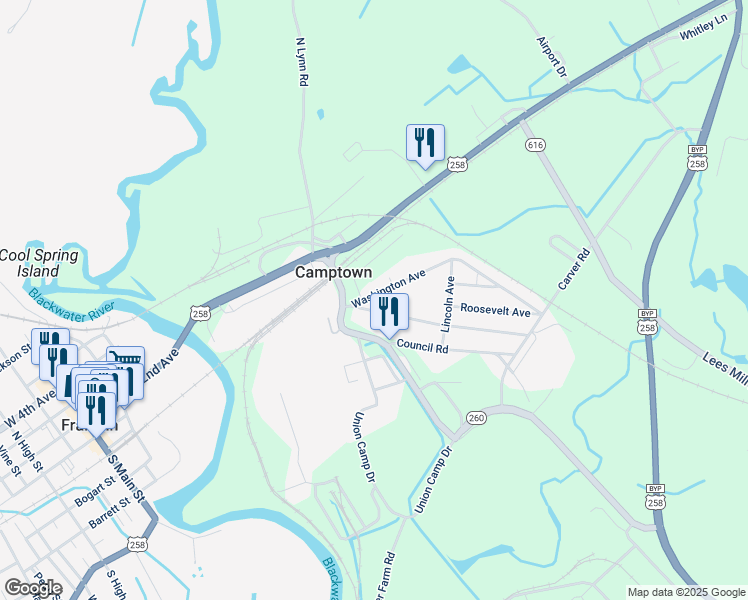 map of restaurants, bars, coffee shops, grocery stores, and more near 304 Washington Avenue in Franklin