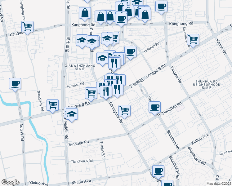 map of restaurants, bars, coffee shops, grocery stores, and more near Gong Ye Nan Lu in Ji Nan Shi