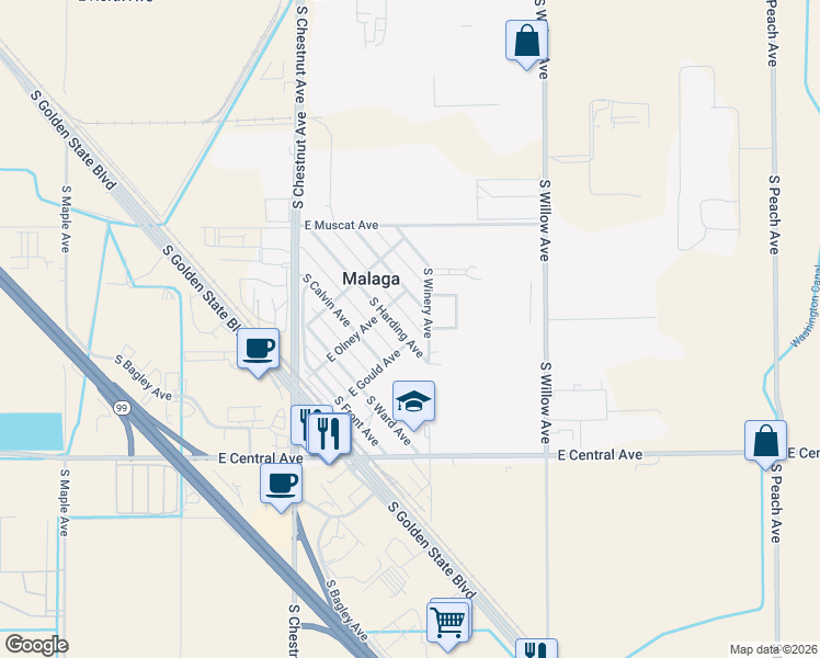 map of restaurants, bars, coffee shops, grocery stores, and more near 3662 South Winery Avenue in Fresno