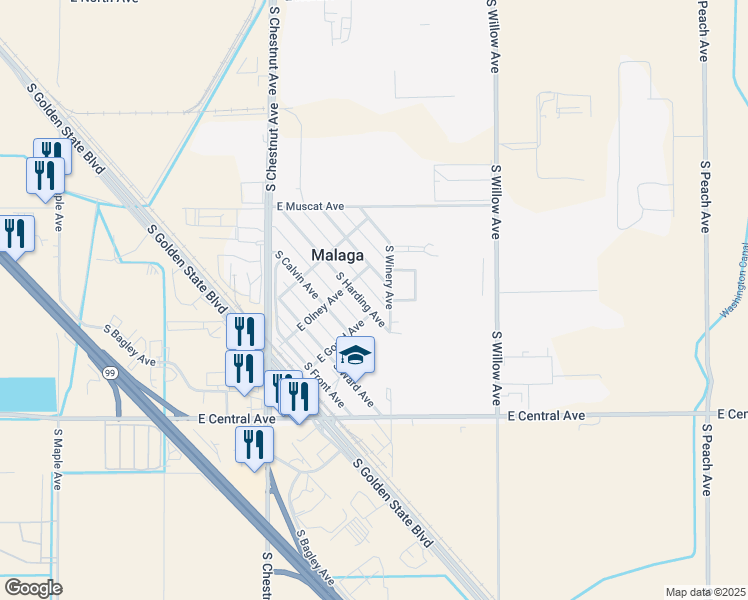 map of restaurants, bars, coffee shops, grocery stores, and more near 3662 South Winery Avenue in Fresno