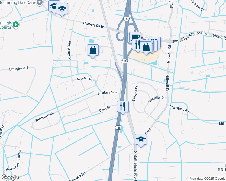 map of restaurants, bars, coffee shops, grocery stores, and more near 108 Wisdom Path in Chesapeake