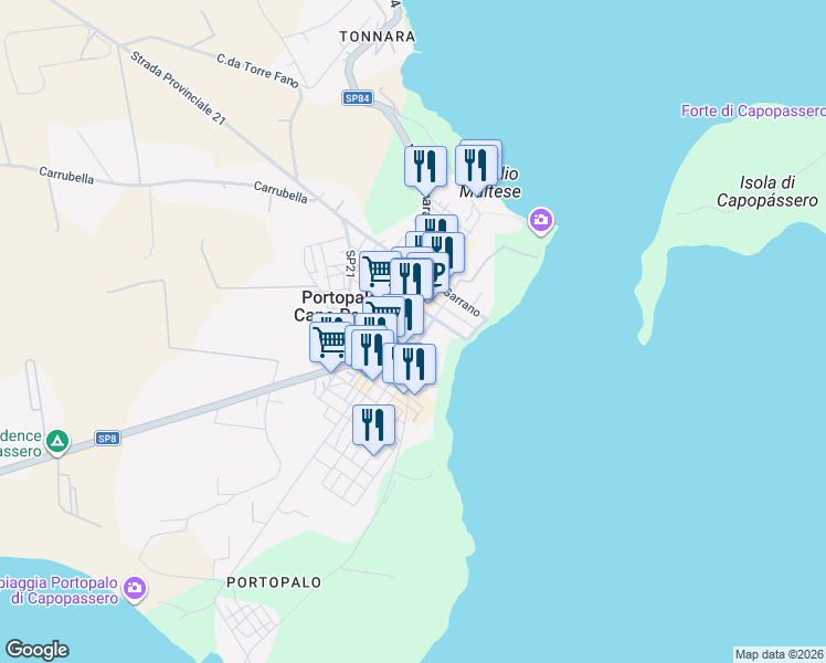 map of restaurants, bars, coffee shops, grocery stores, and more near 23 Via Alfonso Lamarmora in Portopalo di Capo Passero