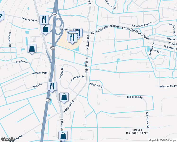 map of restaurants, bars, coffee shops, grocery stores, and more near 1159 Hillwell Road in Chesapeake