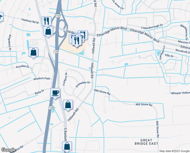 map of restaurants, bars, coffee shops, grocery stores, and more near 1159 Hillwell Road in Chesapeake