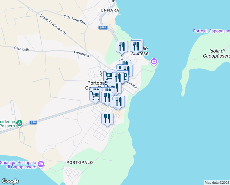 map of restaurants, bars, coffee shops, grocery stores, and more near 23 Via Alfonso Lamarmora in Portopalo di Capo Passero