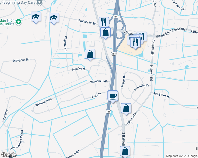 map of restaurants, bars, coffee shops, grocery stores, and more near 120 Wisdom Path in Chesapeake