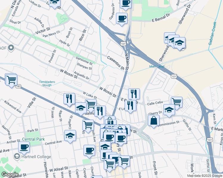 map of restaurants, bars, coffee shops, grocery stores, and more near 102 West Rossi Street in Salinas