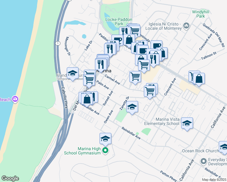 map of restaurants, bars, coffee shops, grocery stores, and more near 3076 Sunset Avenue in Marina
