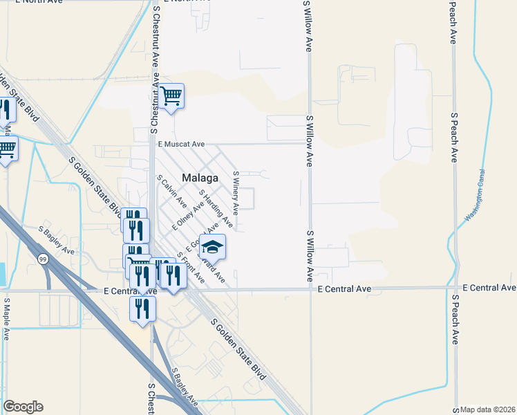 map of restaurants, bars, coffee shops, grocery stores, and more near 3668 South Paula Avenue in Fresno