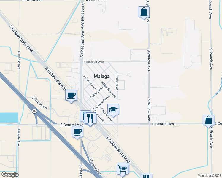 map of restaurants, bars, coffee shops, grocery stores, and more near 3317 East Olney Avenue in Fresno