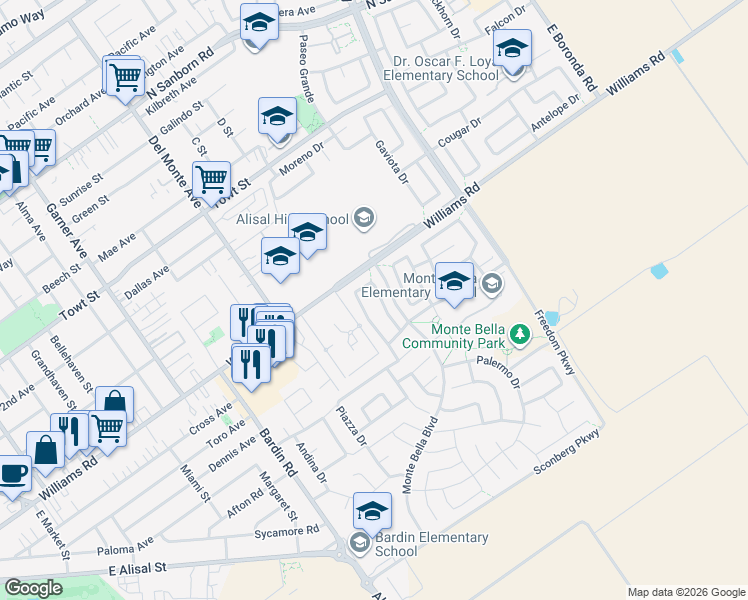 map of restaurants, bars, coffee shops, grocery stores, and more near 1525 Verona Court in Salinas