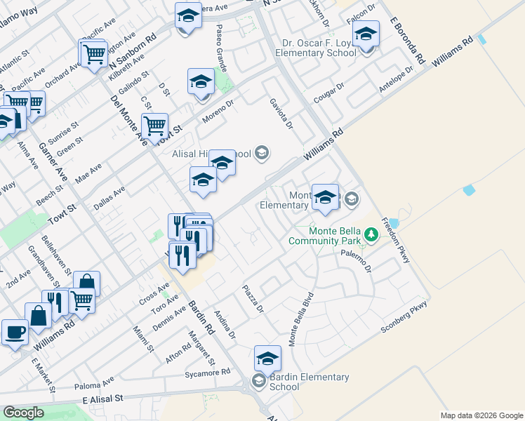 map of restaurants, bars, coffee shops, grocery stores, and more near 1525 Verona Court in Salinas