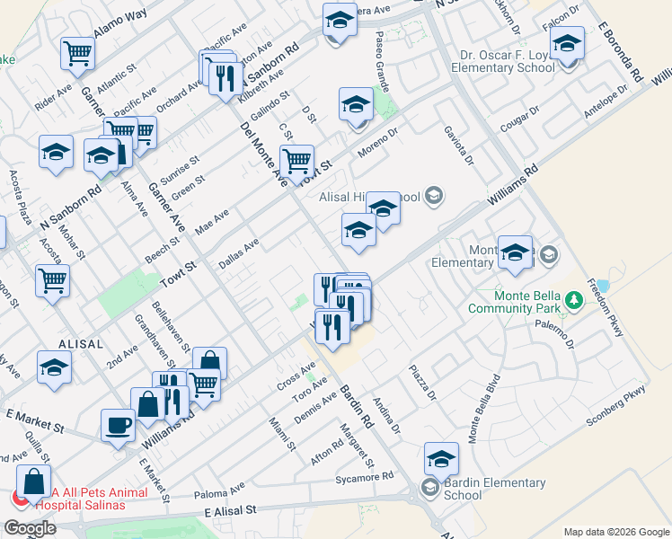 map of restaurants, bars, coffee shops, grocery stores, and more near 1437 Del Monte Avenue in Salinas