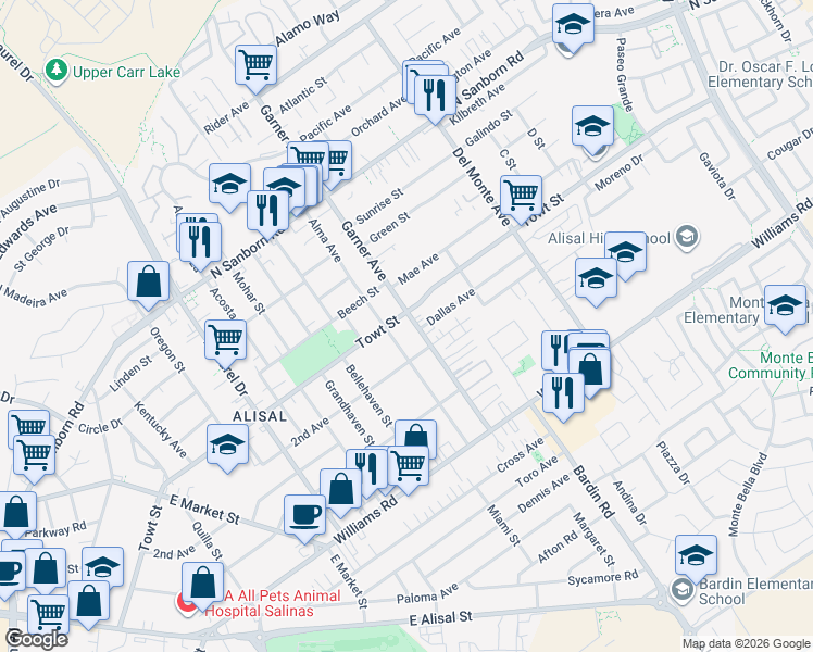 map of restaurants, bars, coffee shops, grocery stores, and more near 457 Towt Street in Salinas