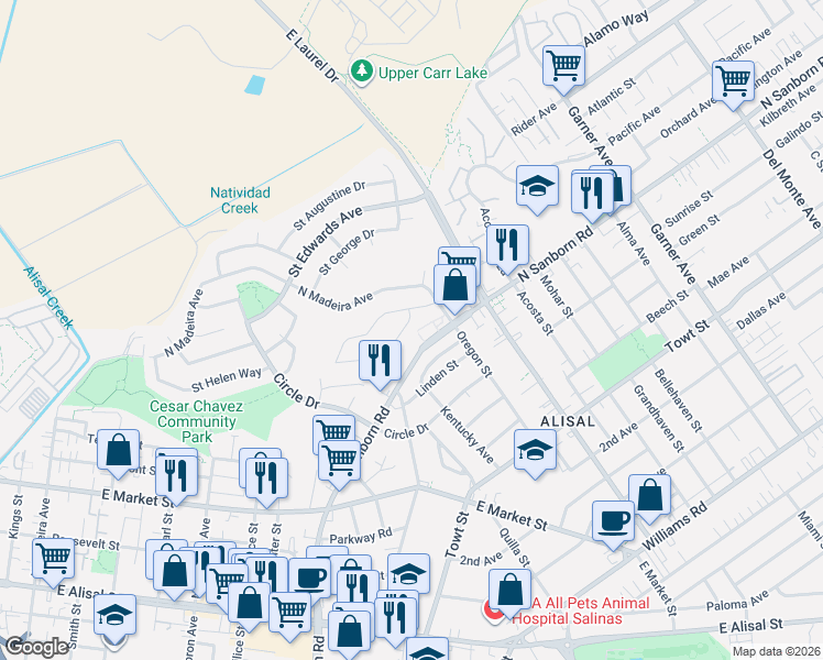map of restaurants, bars, coffee shops, grocery stores, and more near 1269 Hilltop Drive in Salinas