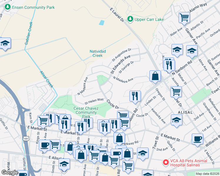 map of restaurants, bars, coffee shops, grocery stores, and more near 418 Saint Edwards Avenue in Salinas