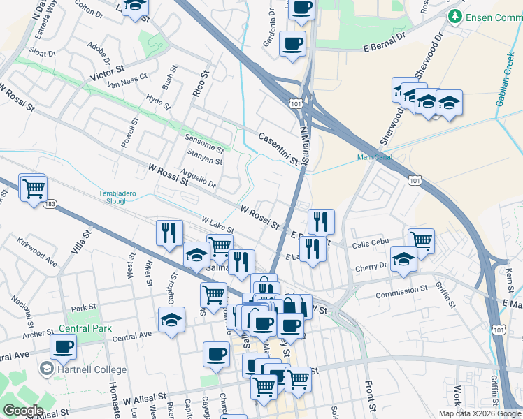 map of restaurants, bars, coffee shops, grocery stores, and more near 12 East Rossi Street in Salinas