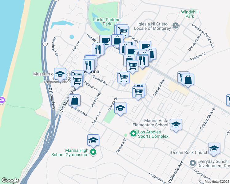 map of restaurants, bars, coffee shops, grocery stores, and more near 3109 Seacrest Avenue in Marina