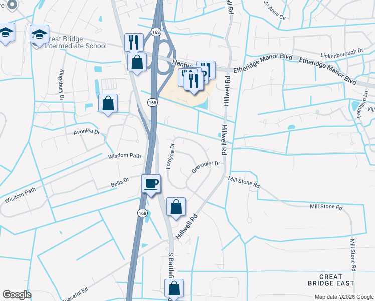 map of restaurants, bars, coffee shops, grocery stores, and more near 1225 Fordyce Drive in Chesapeake