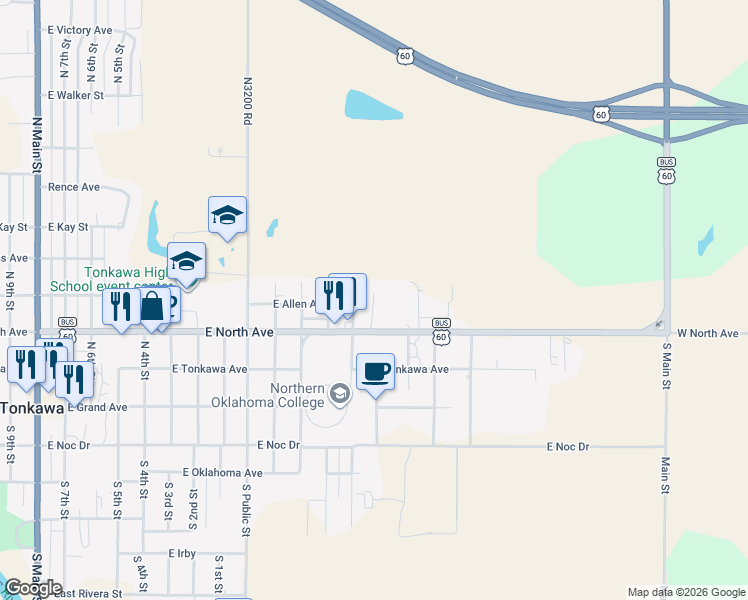 map of restaurants, bars, coffee shops, grocery stores, and more near 404 North Pine Street in Tonkawa