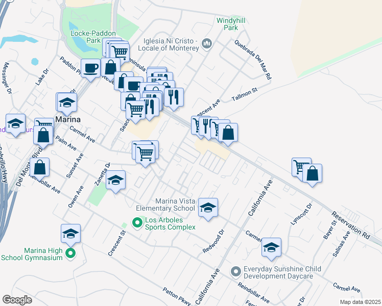 map of restaurants, bars, coffee shops, grocery stores, and more near 3128 Crescent Avenue in Marina
