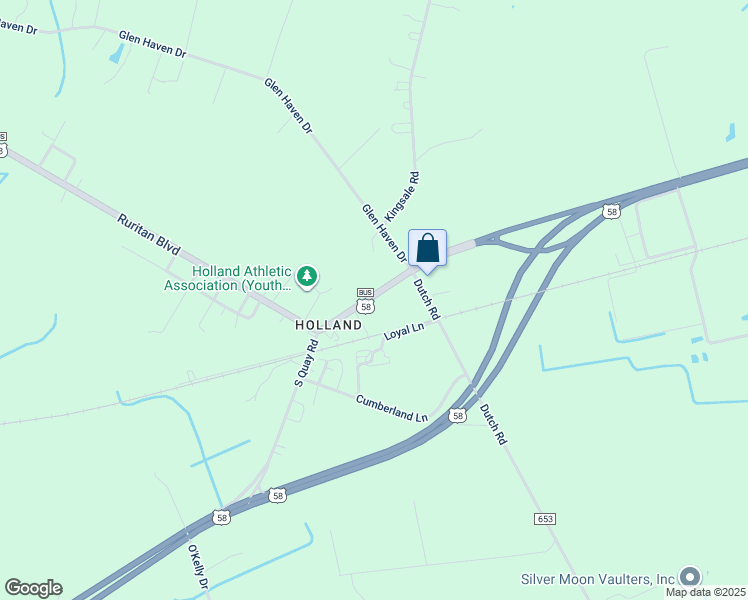 map of restaurants, bars, coffee shops, grocery stores, and more near 6523 Holland Road in Suffolk
